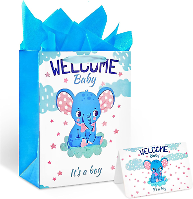 #ad 13quot; Large Baby Shower Birthday Gift Bags for Boy with Tissue Papers and Card Ele $9.57