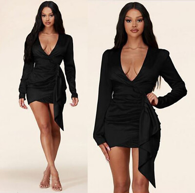 #ad Sexy Beautiful Women#x27;s V Neckline Long Sleeve Faux Wrap Mini Dress $62.00