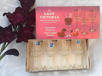 Vintage NIB LADY VICTORIA SET 4 FINE CRYSTAL STEMWARE CORDIAL GLASSES France $15.29