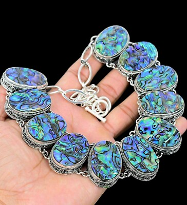 #ad Beautiful Abalone Shell Necklace 925 Sterling Silver Gemstone Silver Necklace $112.50