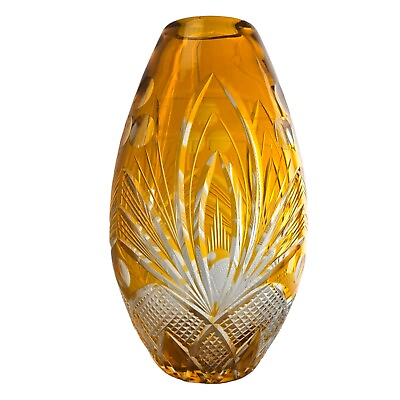 #ad Vintage Cut To Clear Amber Glass Vase Bohemian Crystal Yellow Cut Glass 10quot; $69.00