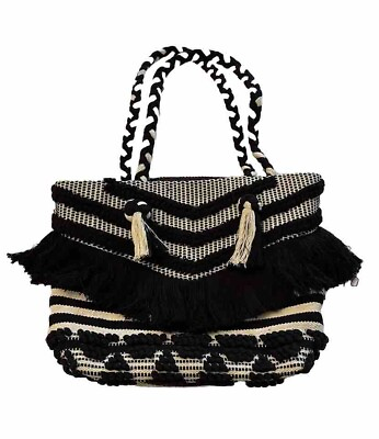 #ad ZARA TRAFALUC Bohemian Fringe Beach Bag Black Cream Stripes. Holiday Tote Bag. C $55.00