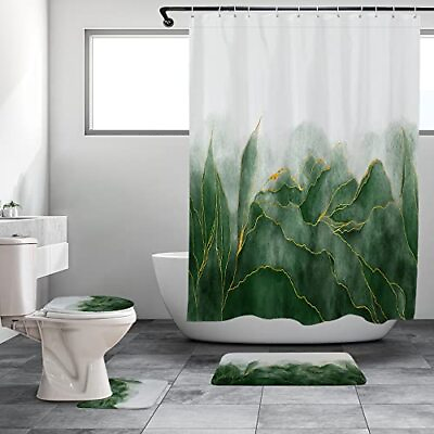 #ad Green Shower Curtain Set with Rugs and Accessories Bathroom Set 4 Pcs Forest $45.87