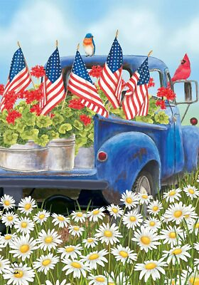 #ad Garden Flag 12.5 in.x18 in. Old Patriotic Blue Truck with Flags in Garden Daisy $12.87
