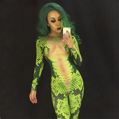 #ad Women Snake Print Jumpsuit Leotard Elastic Rompers Nightclub Dancer Costumes $82.60