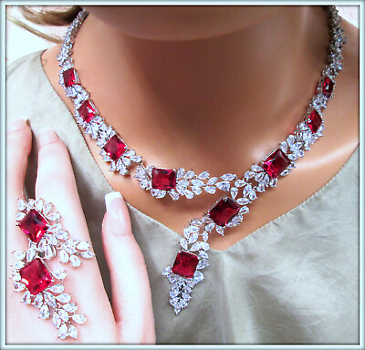#ad Ruby cushion cut gemstone Necklace Earrings Set For Brides And Weddings $294.00