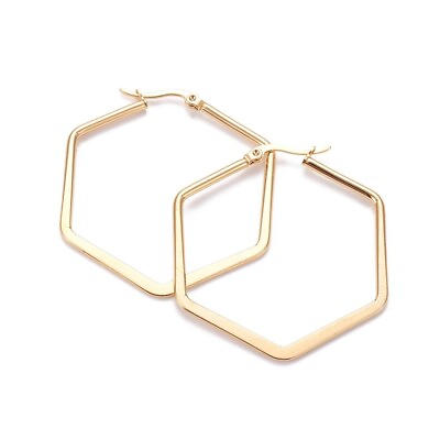 #ad Gold Hoop Earrings Stainless Steel Hypoallergenic Hexagon 45mm Jewelry $7.09