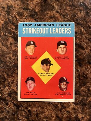 #ad #x27;62 AL Strikeout Leaders 1963 Topps #10 Pascual Bunning Terry Kaat Pizarro VG $3.26