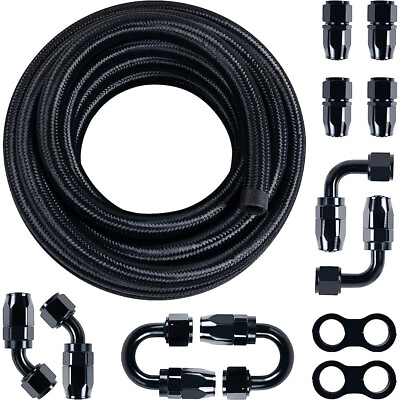 #ad 20FT AN6 6AN Nylon Braided Oil Fuel LineFittings Hose and Adaptor Black KIT $45.99