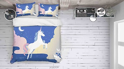 #ad 3D Unicorn Moon Cartoon Blue Quilt Cover Set Duvet Cover Bedding Pillowcases $129.99