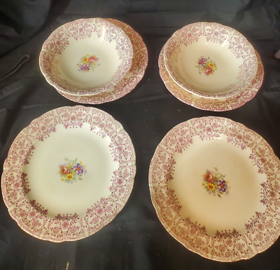 #ad Vintage French Saxon China Burgandy Lace Bread Plates Berry Bowls LOT OF 6 $24.90