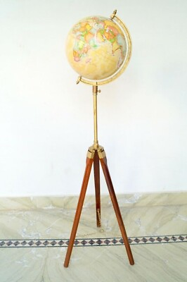 #ad Globe World Tripod Map Stand Nautical Wooden Floor Antique Decor Vintage Atlas $243.46