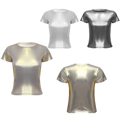 Shiny Top for Women Metallic Holographic Shirt Party Sparkle Disco Party T Shirt $12.29