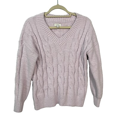 #ad Lucky Brand sweater Small Lavender Chunky cable knit Fuzzy V neck pullover Women $16.95