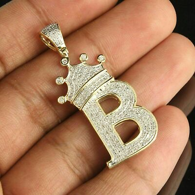 #ad 3Ct Simulated Diamond Yellow Gold Plated quot;Bquot; King Crown Pendant 925 Silver $109.00