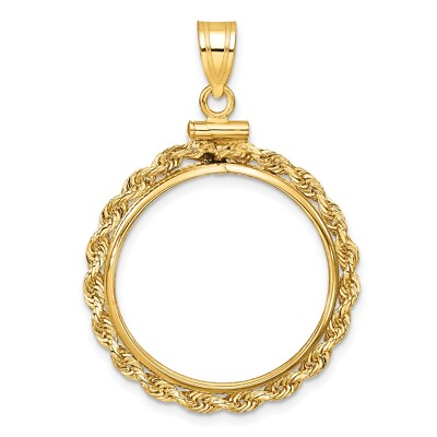 #ad 14k Yellow Gold 2mm Rope Screw Top 22mm Coin Bezel Pendant $289.99
