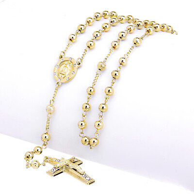#ad Men#x27;s 6mm Bead Rosary Gold Plated Guadalupe amp; Jesus Cross 28quot; Necklace HR 600 G $7.99
