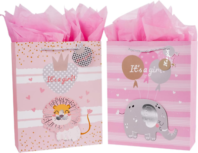 #ad 2 Pack 12.6quot; Baby Girl Gift Bags with Tissue Paper Pink Gift Bag for Baby Shower $13.99