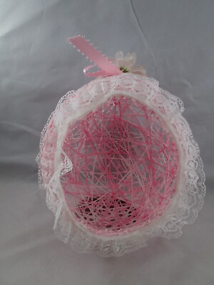 #ad Large String Easter Egg Containr W Pedestal Ribbon Lace Centerpiece Pink White $23.30