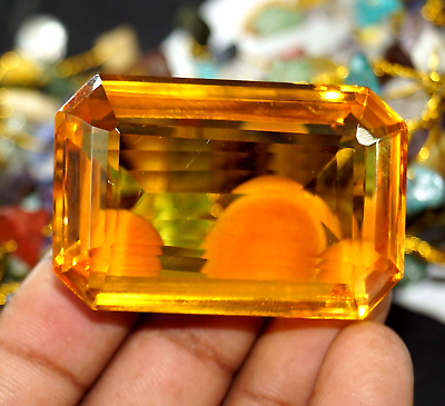 #ad 200 Ct Brazilian GIE Certified Natural Shiny Citrine Emerald Cut Loose Gemstone $18.95