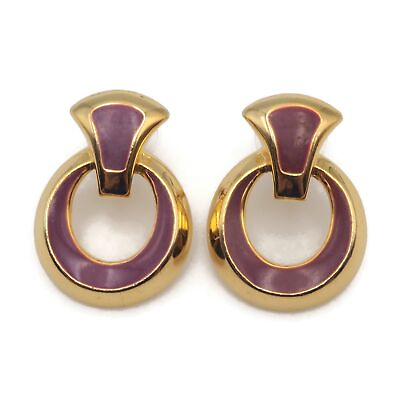 #ad Gold Tone Purple Enamel Stationary Door Knocker Style Post Fashion Earrings $15.50