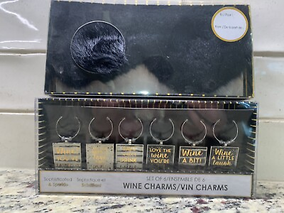 NEW Birthday Gift Set For Women Set Of 6 Wine Charms amp; Fuzzy Fur Black Eye Mask $16.99