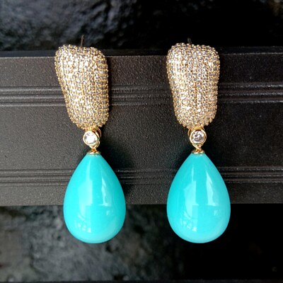 #ad Blue Sea Shell Teardrop Gold Plated Cz Pave Stud Dangle Earrings Fashion Jewelry $15.20