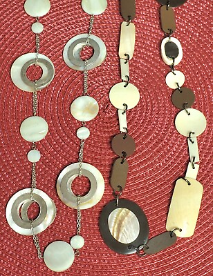 #ad Two Mother Of Pearl Necklaces 36 Inch amp; 38 Inch White Brown Beige $5.99