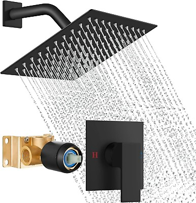 #ad Shower Faucet Set Black Rain Shower Head Combo with Mixer Valve Kit Wall Mounted $43.99