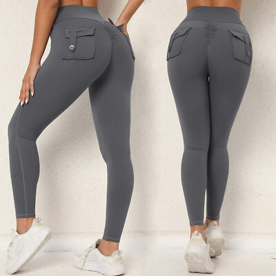 #ad Women Cargo Yoga Leggings Pockets High Waist Tummy Control Stretch Workout Pants $20.20