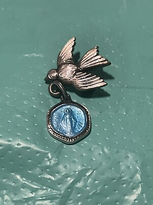 #ad Vintage Sterling Silver Dove W. Dangling Miraculous Mary Blue Enamel Medal #757 $35.00