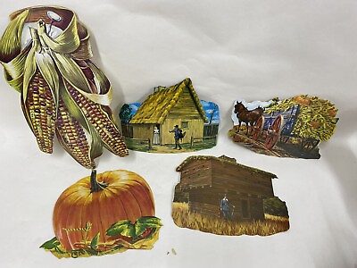 #ad 1960s Vintage Thanksgiving Pilgrims decorations die cut 5 Pieces $24.69