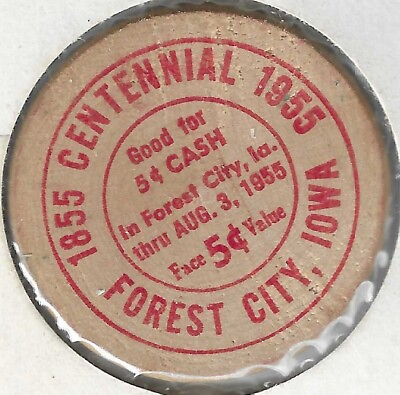 #ad 1955 Forest City Iowa Centennial 5¢ Token Coin Indian Head RED Wooden Nickel $6.95