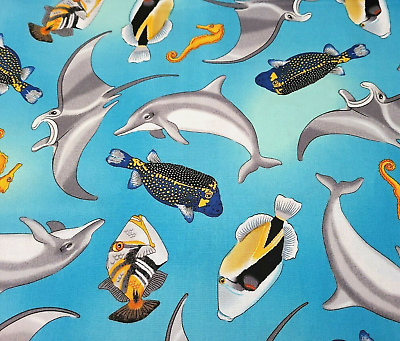 #ad Tropical Breeze BTY Studio 8 Quilting Treasures Fish Dolphin Blue $7.99
