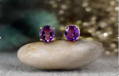 #ad CHRISTMAS GIFT 4 women#x27;s 6mm Round Amethyst Stud Earing 924 Silver Gold Plated $9.99