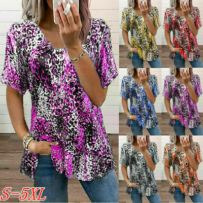 #ad Women Leopard Print Tee Blouse Short Sleeve V Neck Tops Loose T shirts Plus Size $21.20
