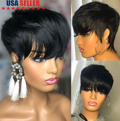 #ad Pixie Human Hair Black Short Cuts Wigs Brazilian Women Hairstyles Natural Wigs $10.98