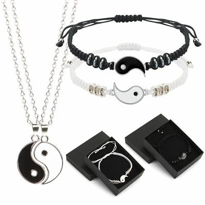 2 Pcs Yin Yang Bracelet Necklace Pulsera Set Adjustable 2 Matching Handmade Gift $8.92