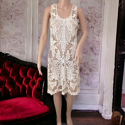 #ad Anthropologie Open Knit Crochet Dress L Solitaire Ivory Sleeveless Bohemian Boho $29.99
