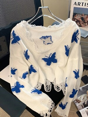 #ad Fashion Knitted Sweater Harajuku Sweet Oversized Cropped Tops Off Shoulder $30.94