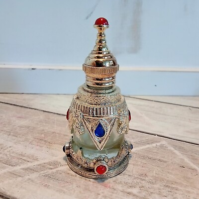 #ad Silver Filigree Snuff Bottle Blue Red Stones perfume Art Nouveau Miniature VTG $14.99