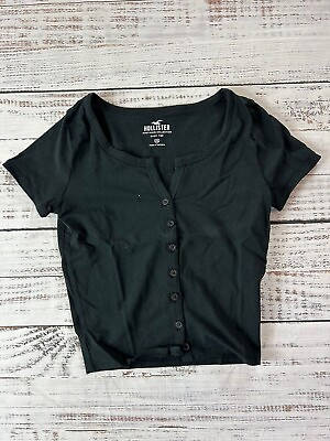 #ad Hollister Womens Button Up Cropped Baby Tee Black Size XS $13.97