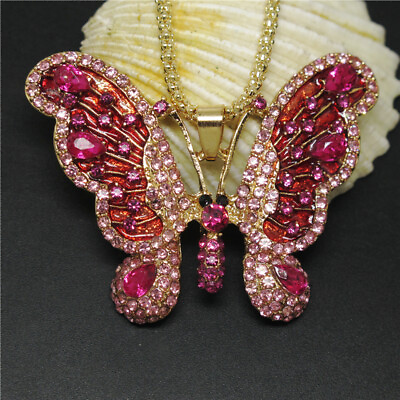 #ad New Holiday gifts Pink Rhinestone Butterfly Crystal Pendant Women Necklace $4.13