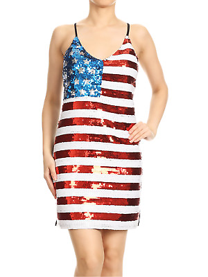 #ad Womens Stripe Strap Sleeveless USA American Flag Patriotic Sequin Party Dress $24.99