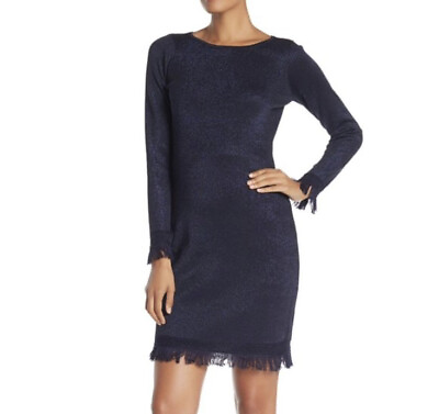 #ad NWT Nanette Lepore Blue Knit Sweater Dress Long Sleeves Fringe Trim Size Medium $30.00