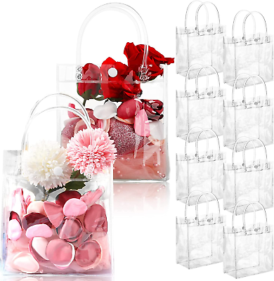 #ad 50 Pieces Clear PVC Plastic Gift Bags with Handles Transparent Gift Bags Reusabl $41.24