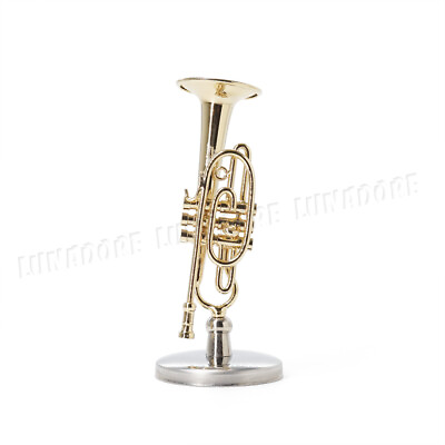 #ad 1:12 Cornet Miniature Musical Instrument w Case Stand Goldtone Gift Dollhouse $15.99