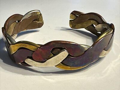 #ad Brass Copper Sterling cuff bracelet Native American Retro bangle 48.5 gr $95.00