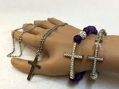 #ad Lot of 3 SilverTone Cross Jewelry 1 Pendant Necklace 2 Bead Expandable Bracelets $21.99