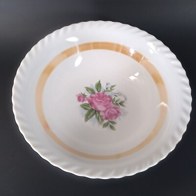#ad Decorative Serving 9 Inch Bowl with Pink Roses Amber Opalescent Scalloped Edge $16.00